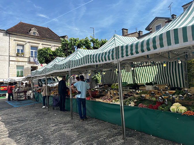 Market stands selling fresh produce with several people and traditional French houses in the background