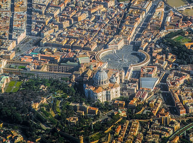 an aerial view of the Vatican and the part of Rome that surrounds it
