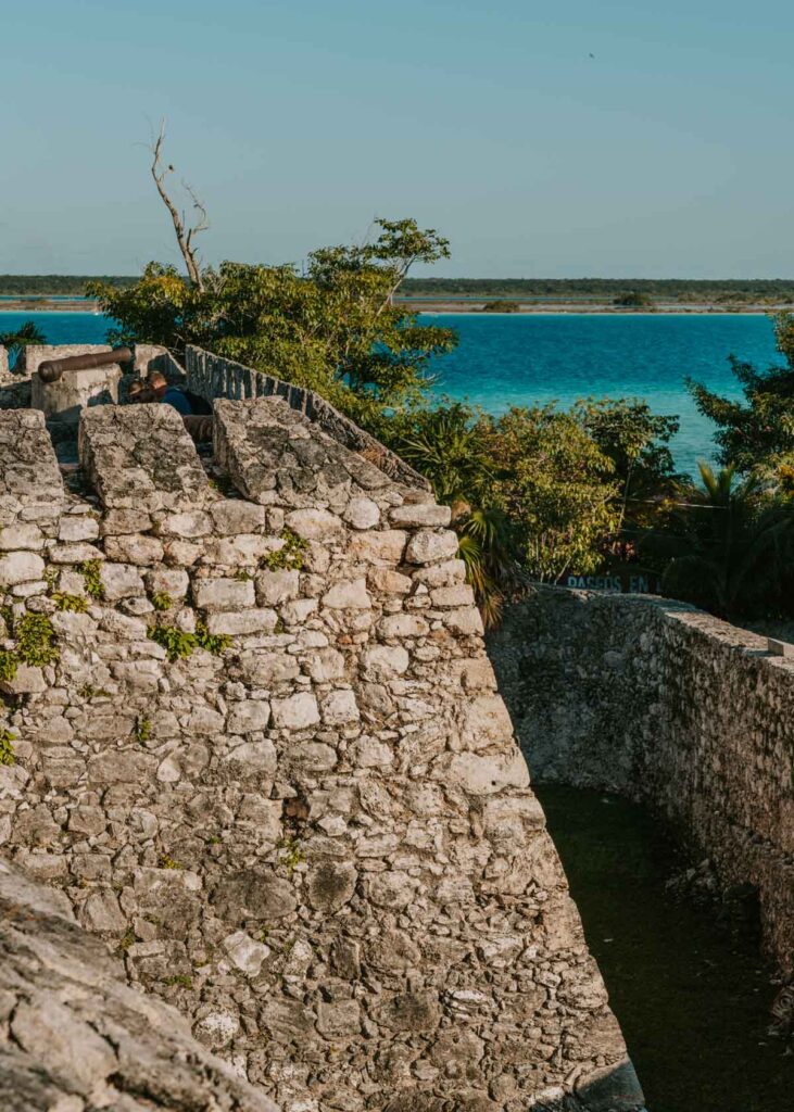 Moat and view of Bacalar lake from Fuerte de San Felipe 