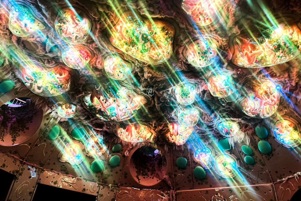 A picture of the glowing orbs on the ceiling of one of the rooms in the Numina world of Meow Wolf Denver.
